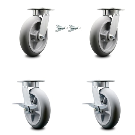 Service Caster 8 Inch Kingpinless Thermoplastic Rubber Wheel Caster Swivel Locks 2 Brakes, 2PK SCC-KP30S820-TPRRD-BSL-2-SLB-2